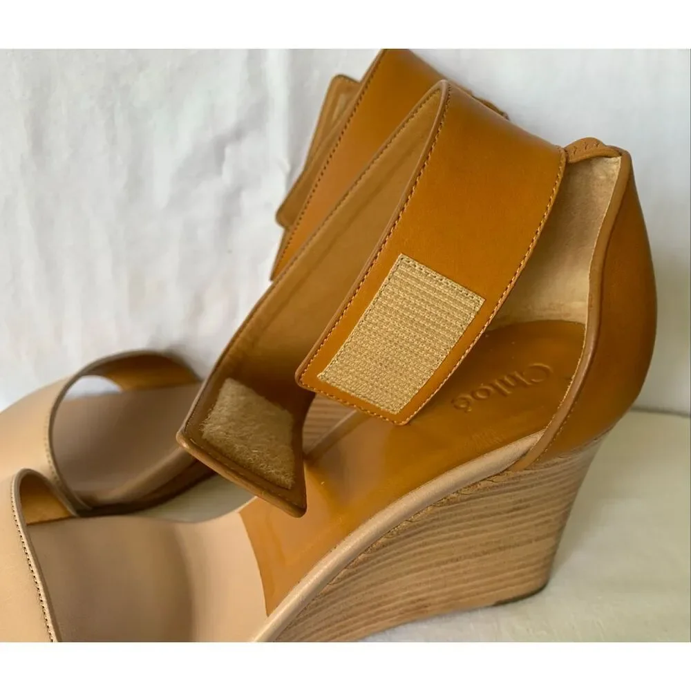 Chloe Gala tan Strappy Ankle Wedge Leather SANDALS Shoes sz 37.5